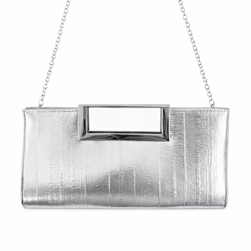Amelie Silver Minimal Clutch Τσάντα με Μεταλλική Λάμψη & Αλυσίδα