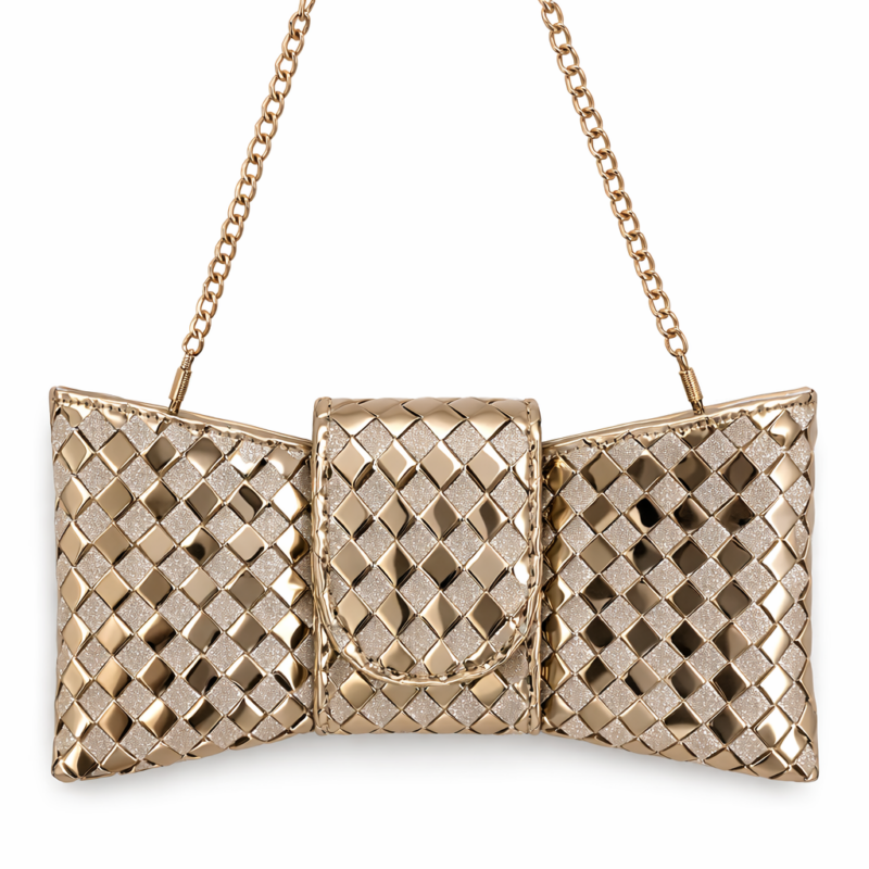 Bow Gold Metallic Clutch Τσάντα σε Σχήμα Φιόγκου
