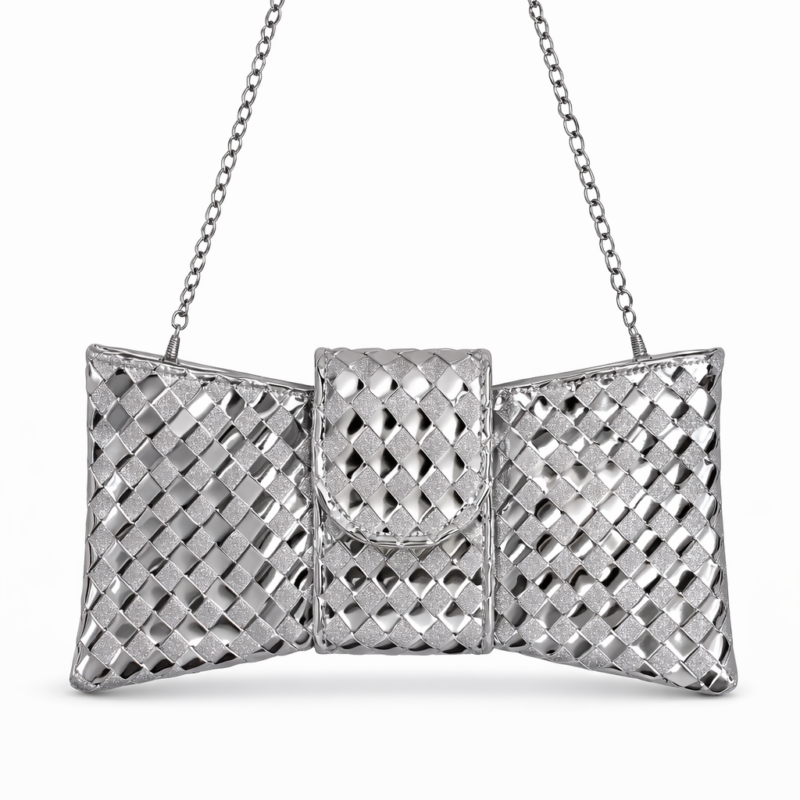 Bow Silver Metallic Clutch Τσάντα σε Σχήμα Φιόγκου