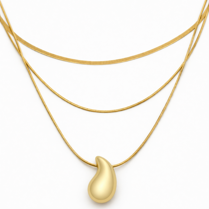 Golden Flow Τριπλό Κολιέ με Σταγόνα