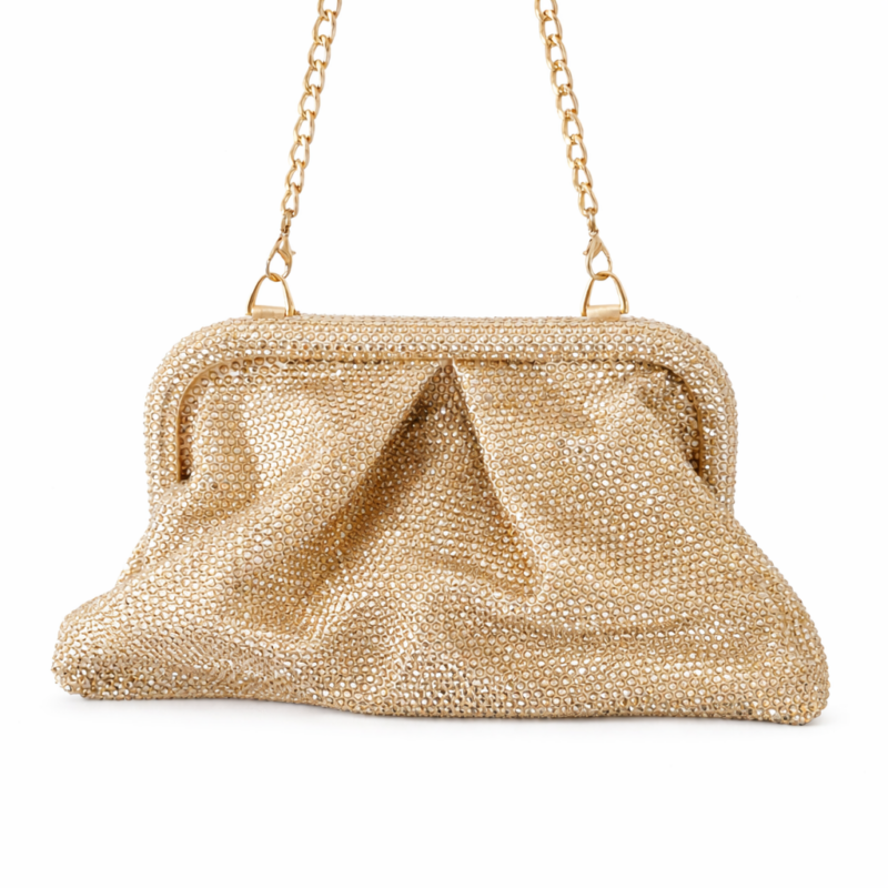 Merilin Gold Πολυτελής Χρυσή Clutch Τσάντα με Πέτρες & Αλυσίδα