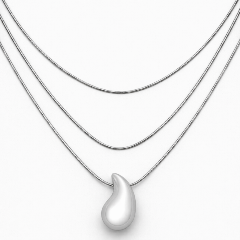 Silver Flow Τριπλό Κολιέ με Σταγόνα